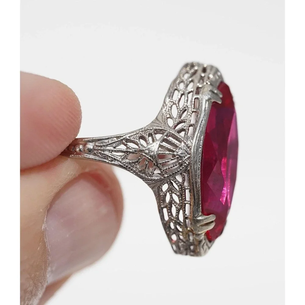 Antique 14k Solid White Gold Filigree‎ Engraved Man Made Red Ruby Ring Marquise